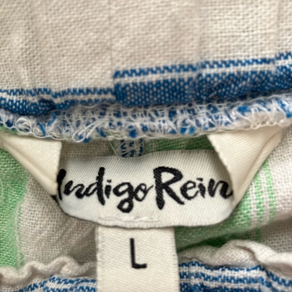 Indigo Rain 100% Linen Wide Leg Pants Pull On Belted Split Hem Sz Large Striped - Picture 4 of 7